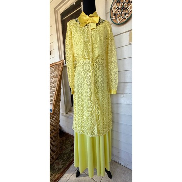 Vintage 60's yellow Maxi Dress Match Lace Jacket /Bow Size XS - Picture 15 of 16